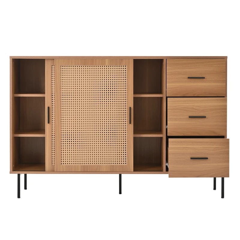 Buffet vintage effet bois et 2 portes coulissantes en rotin tressé et 3 tiroirs PROPOLIS