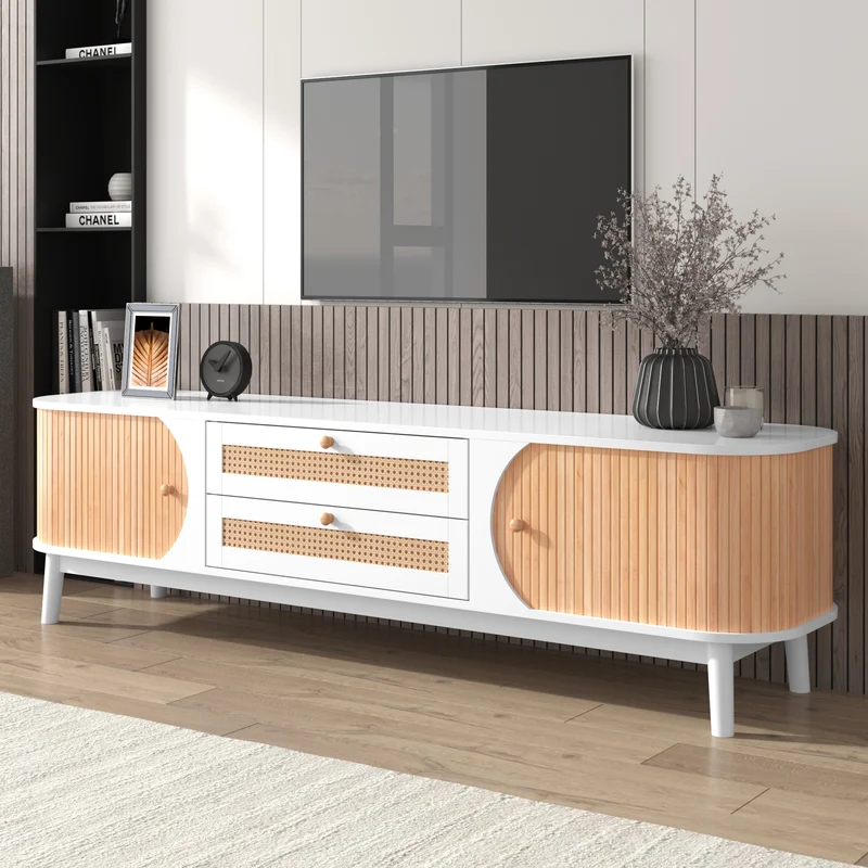 Meuble TV naturelle effet de bois blanc avec portes et tiroirs en rotin KHARQRUIDS
