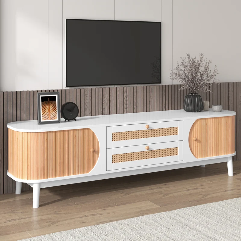 Meuble TV naturelle effet de bois blanc avec portes et tiroirs en rotin KHARQRUIDS
