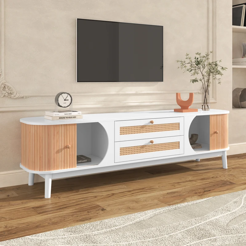 Meuble TV naturelle effet de bois blanc avec portes et tiroirs en rotin KHARQRUIDS