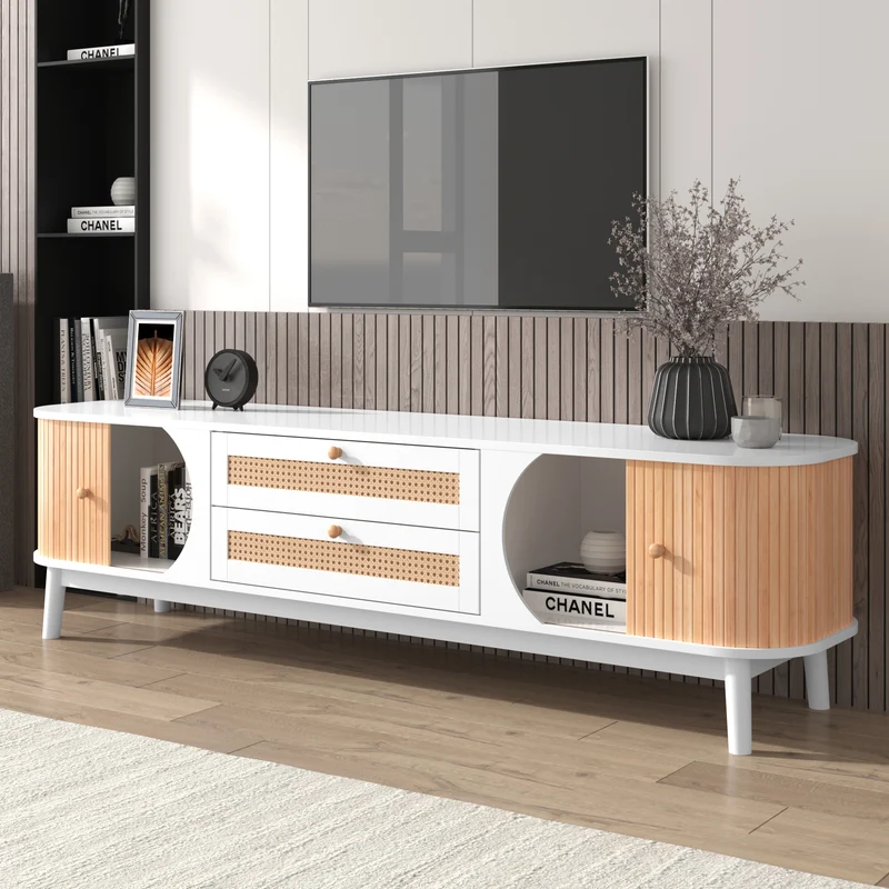 Meuble TV naturelle effet de bois blanc avec portes et tiroirs en rotin KHARQRUIDS