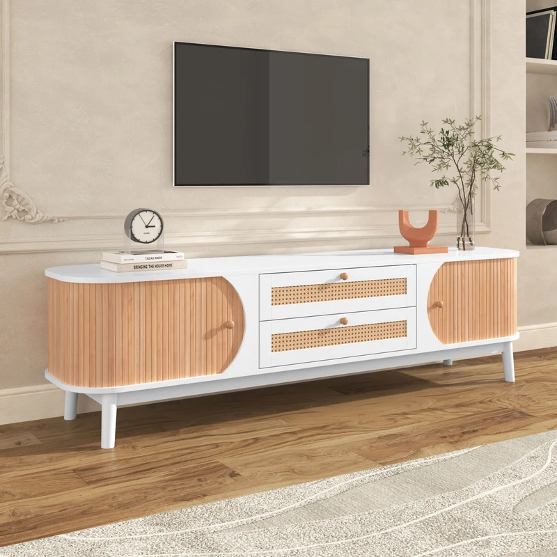 Meuble TV naturelle effet de bois blanc avec portes et tiroirs en rotin KHARQRUIDS