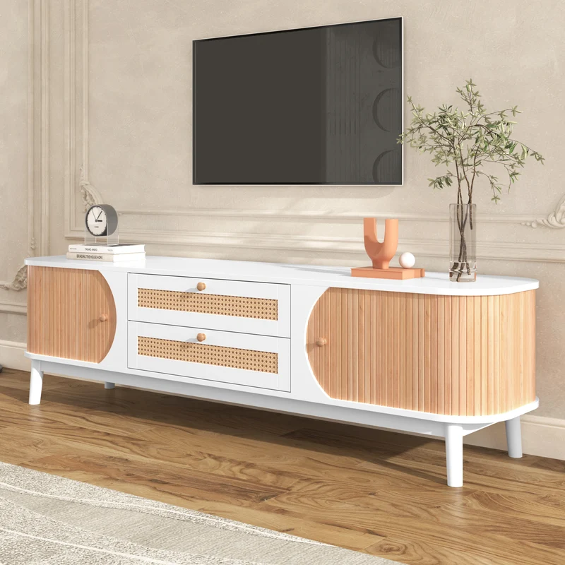 Meuble TV naturelle effet de bois blanc avec portes et tiroirs en rotin KHARQRUIDS