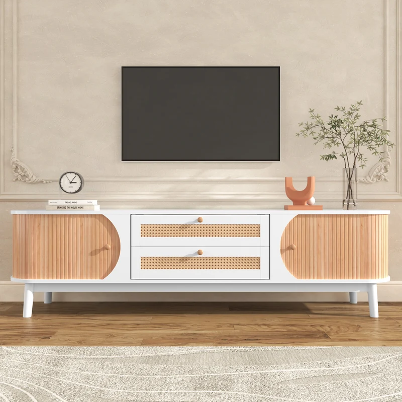 Meuble TV naturelle effet de bois blanc avec portes et tiroirs en rotin KHARQRUIDS