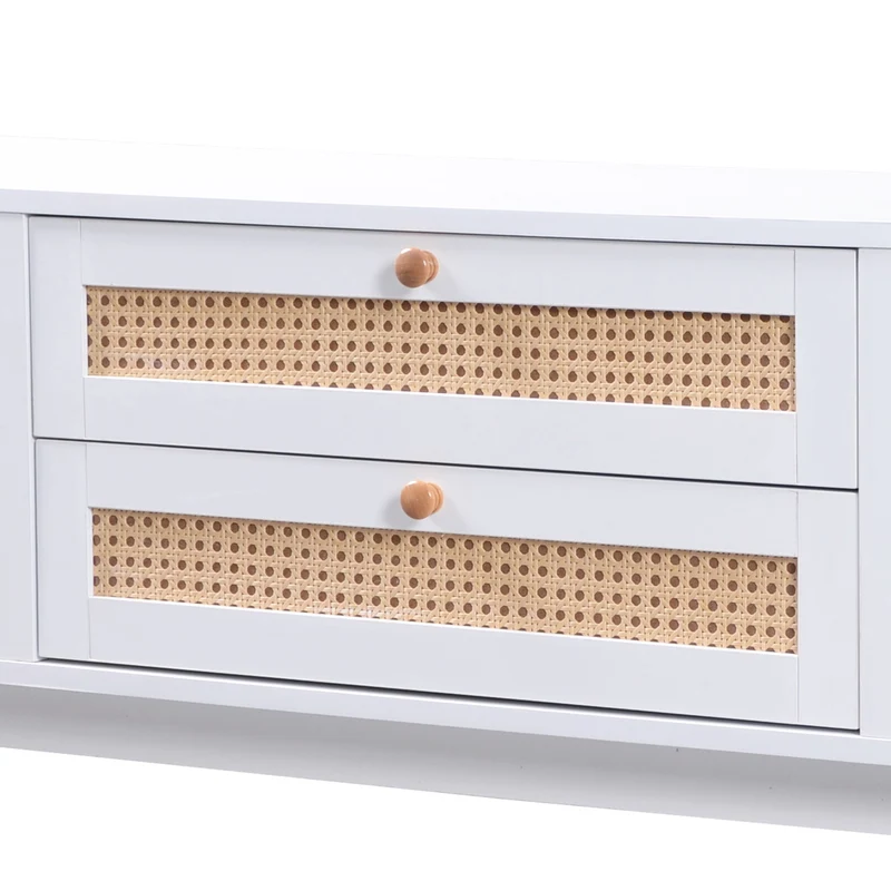 Meuble TV naturelle effet de bois blanc avec portes et tiroirs en rotin KHARQRUIDS