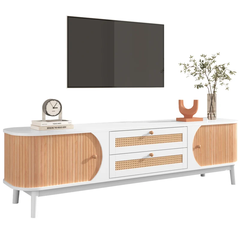 Meuble TV naturelle effet de bois blanc avec portes et tiroirs en rotin KHARQRUIDS