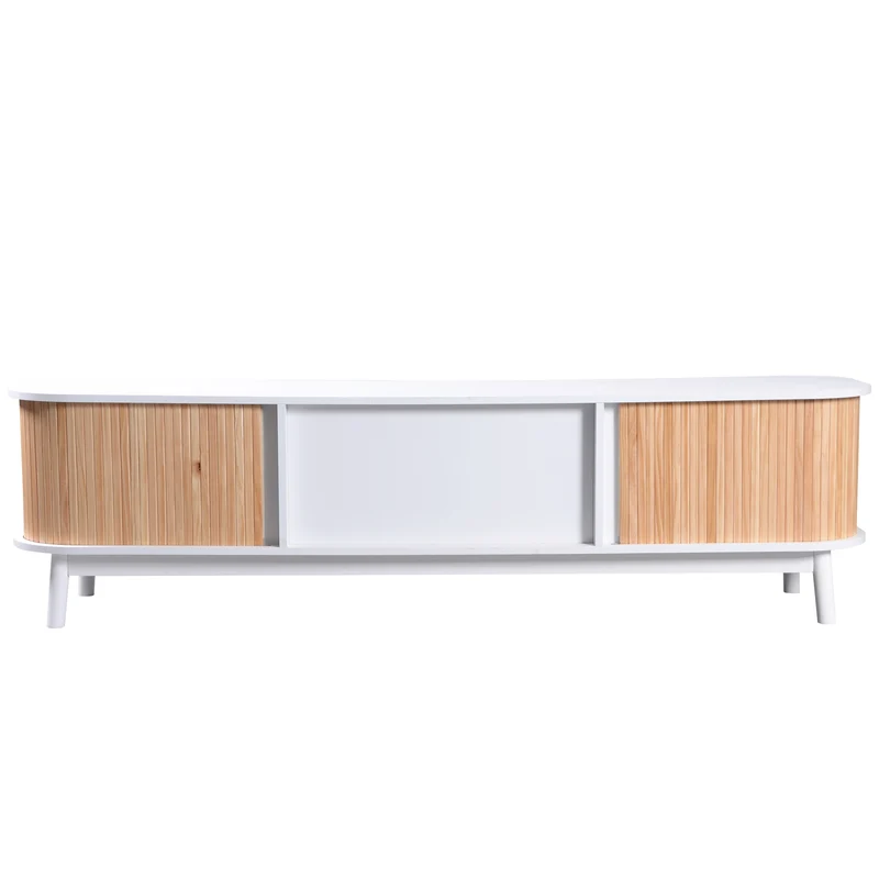 Meuble TV naturelle effet de bois blanc avec portes et tiroirs en rotin KHARQRUIDS