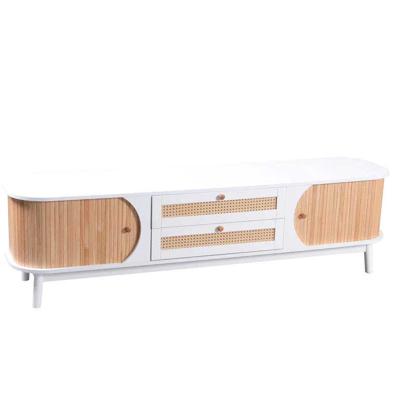 Meuble TV naturelle effet de bois blanc avec portes et tiroirs en rotin KHARQRUIDS