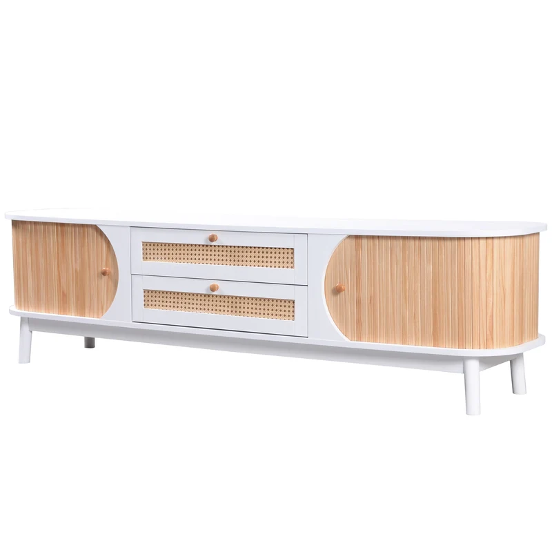 Meuble TV naturelle effet de bois blanc avec portes et tiroirs en rotin KHARQRUIDS