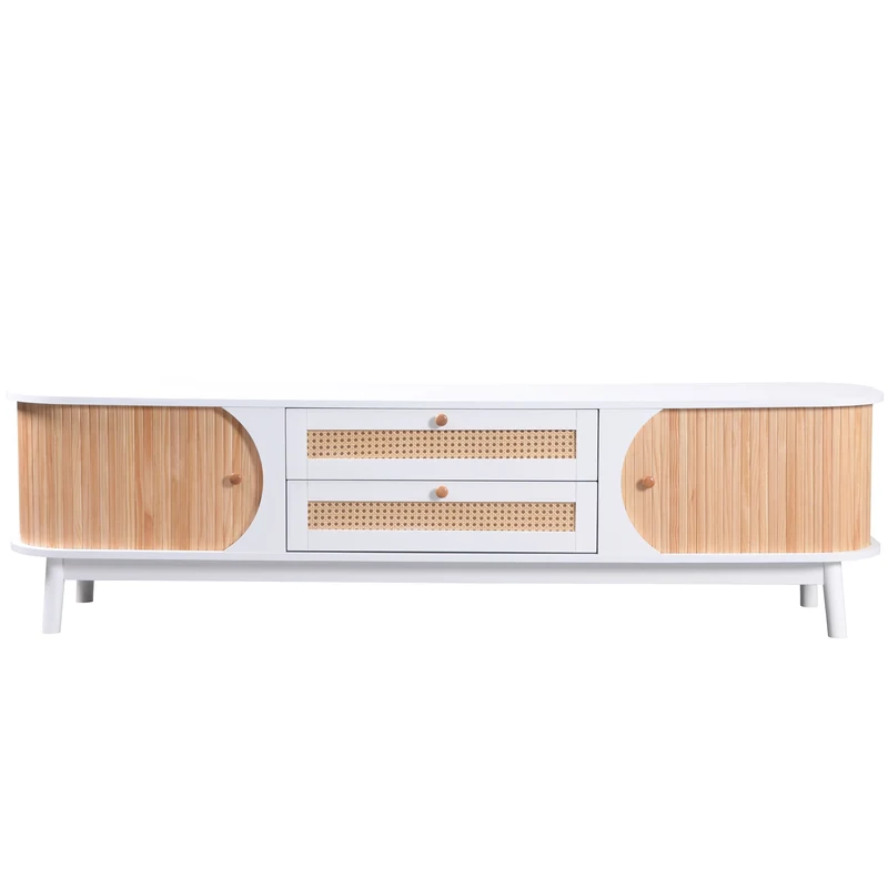 Meuble TV naturelle effet de bois blanc avec portes et tiroirs en rotin KHARQRUIDS