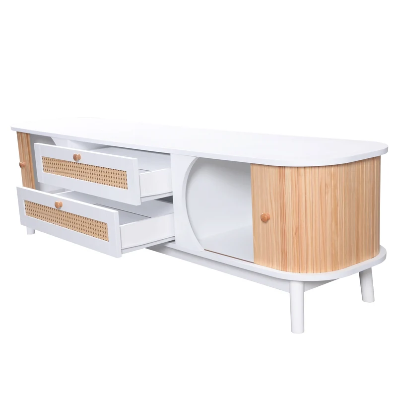 Meuble TV naturelle effet de bois blanc avec portes et tiroirs en rotin KHARQRUIDS