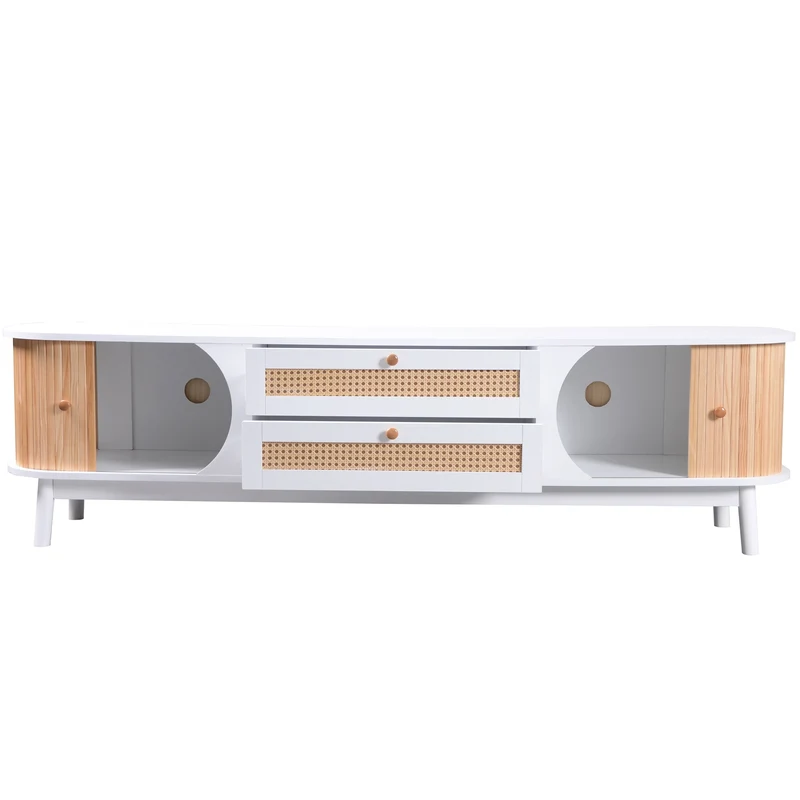 Meuble TV naturelle effet de bois blanc avec portes et tiroirs en rotin KHARQRUIDS