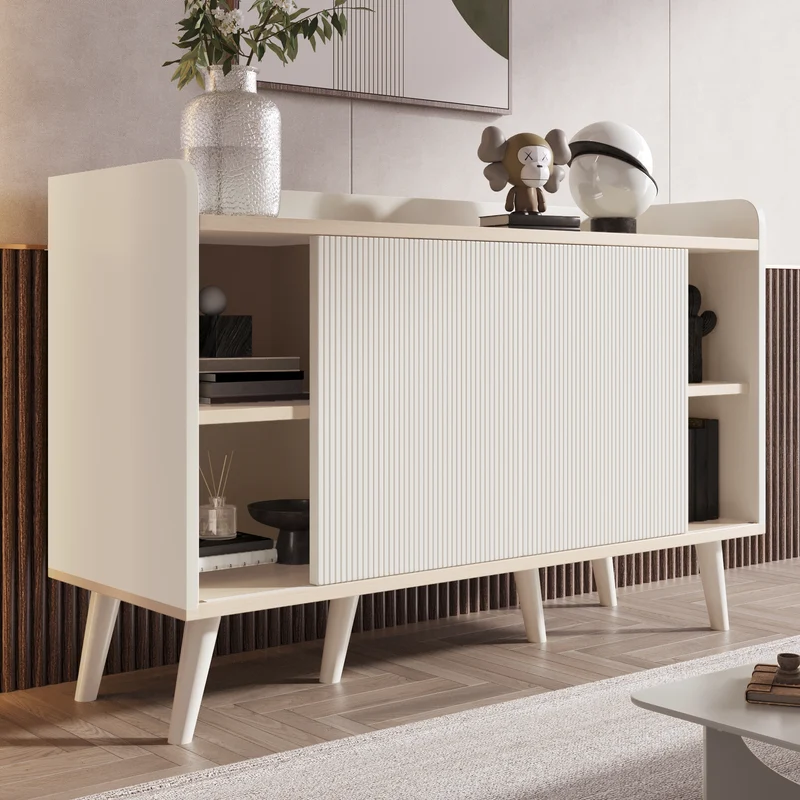 Buffet blanc ondulé avec 3 tiroirs 2 portes coulissantes et pieds en bois massif GLAND