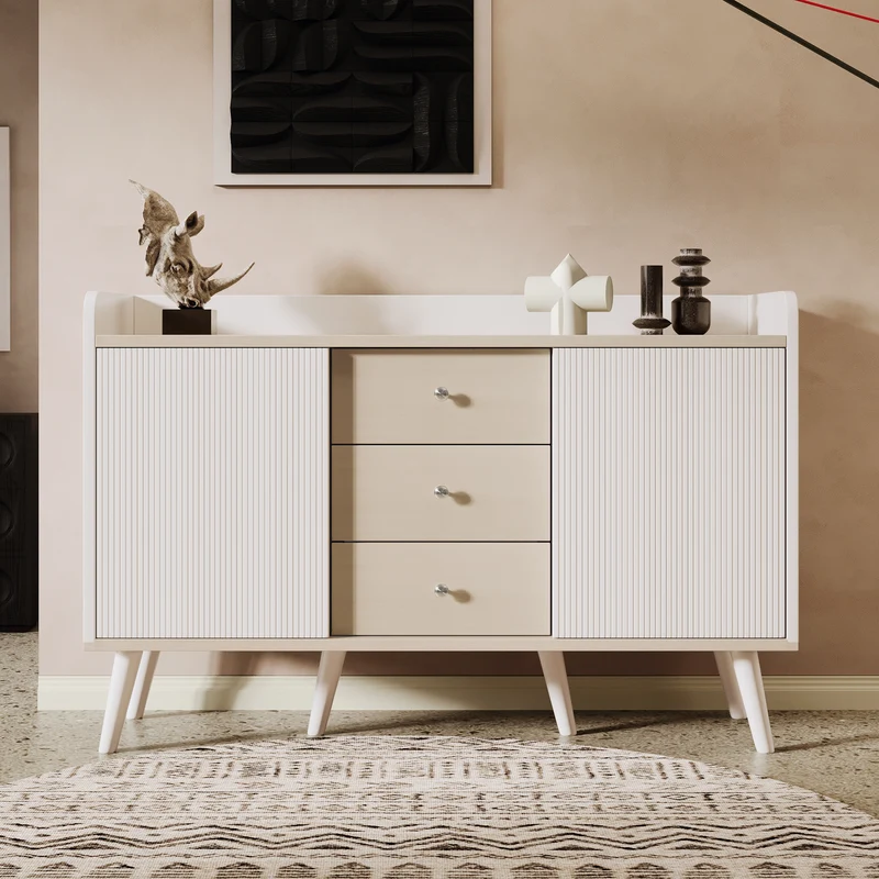 Buffet blanc ondulé avec 3 tiroirs 2 portes coulissantes et pieds en bois massif GLAND