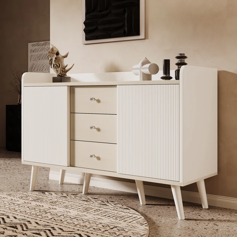 Buffet blanc ondulé avec 3 tiroirs 2 portes coulissantes et pieds en bois massif GLAND