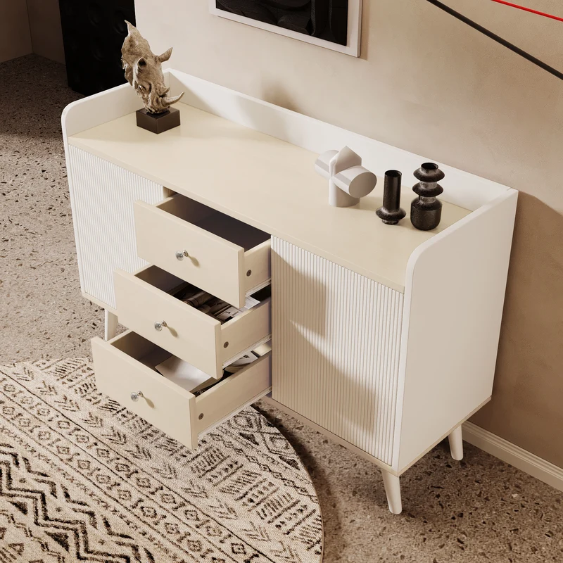 Buffet blanc ondulé avec 3 tiroirs 2 portes coulissantes et pieds en bois massif GLAND