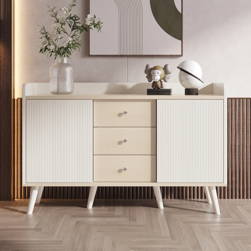 Buffet blanc ondulé avec 3 tiroirs 2 portes coulissantes et pieds en bois massif GLAND