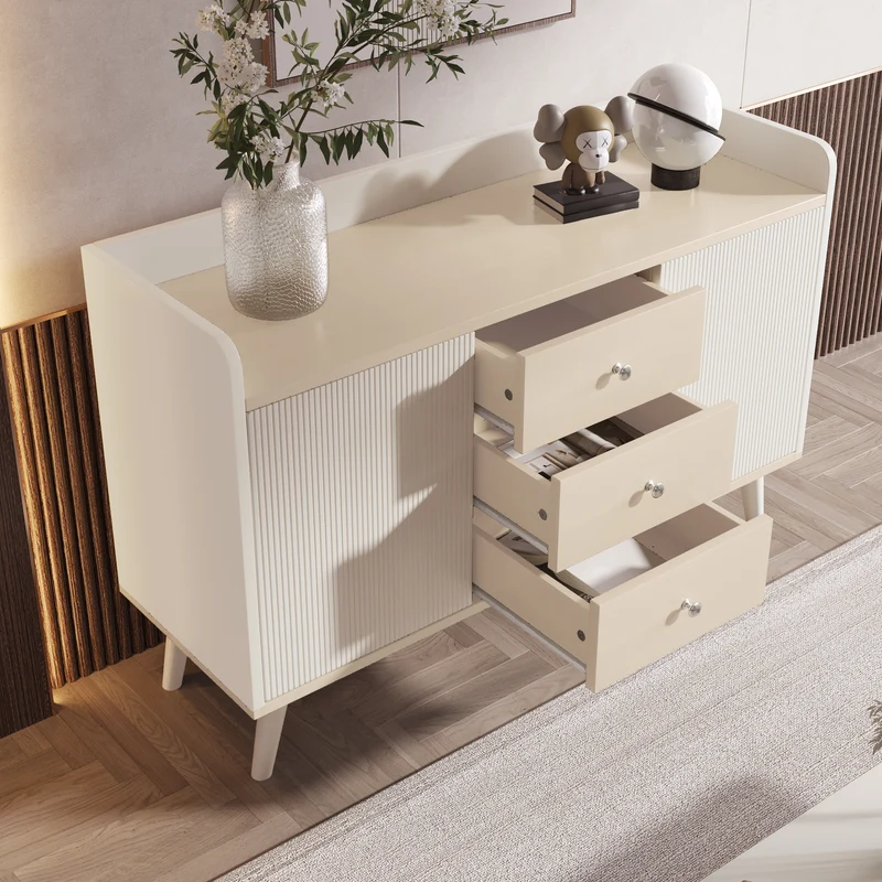 Buffet blanc ondulé avec 3 tiroirs 2 portes coulissantes et pieds en bois massif GLAND
