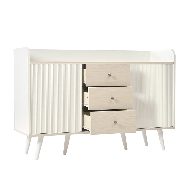 Buffet blanc ondulé avec 3 tiroirs 2 portes coulissantes et pieds en bois massif GLAND