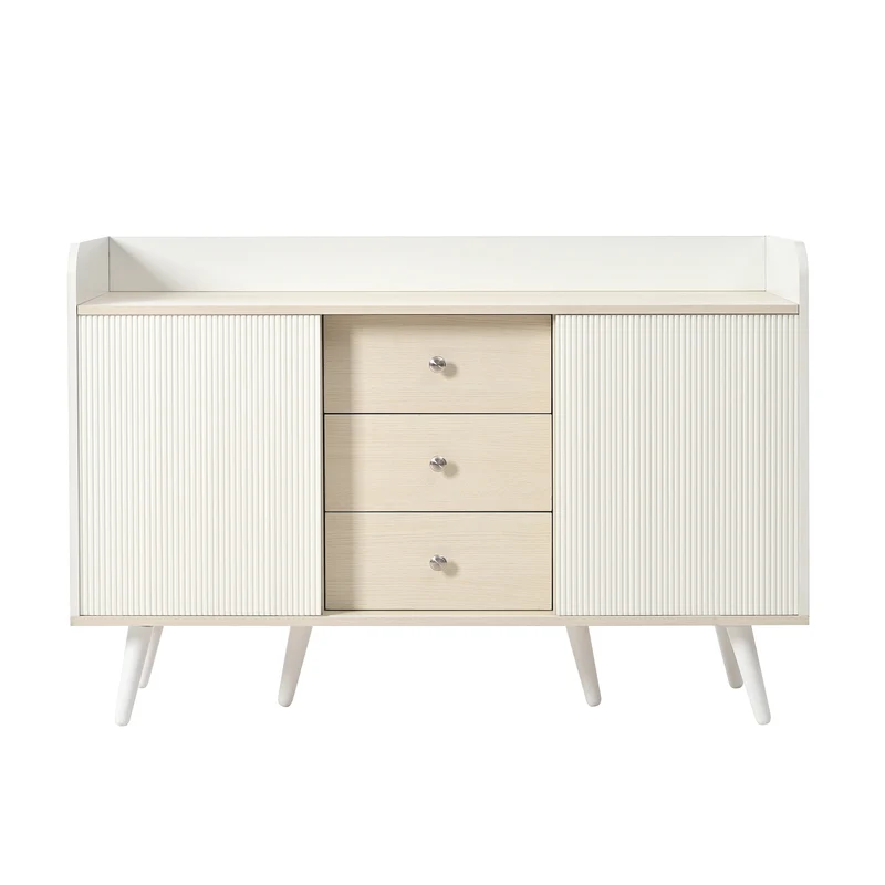 Buffet blanc ondulé avec 3 tiroirs 2 portes coulissantes et pieds en bois massif GLAND