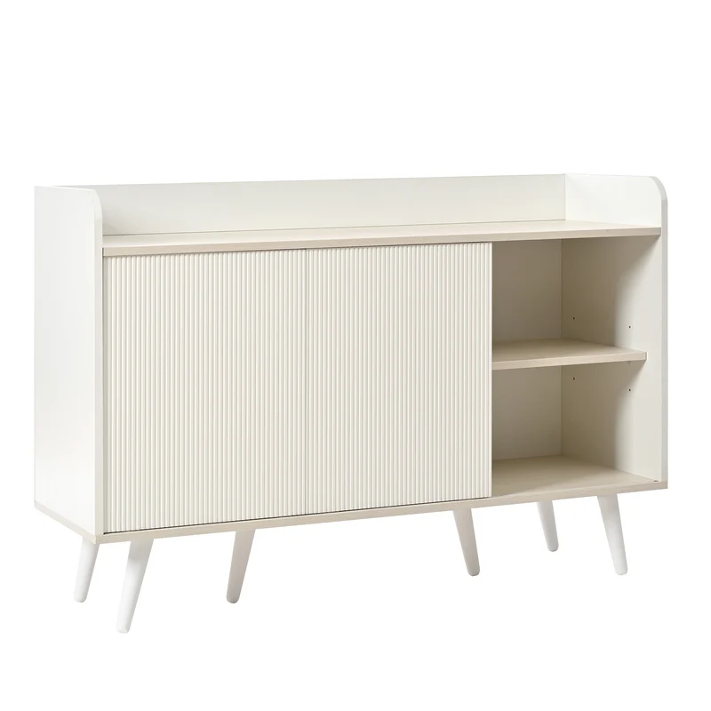 Buffet blanc ondulé avec 3 tiroirs 2 portes coulissantes et pieds en bois massif GLAND