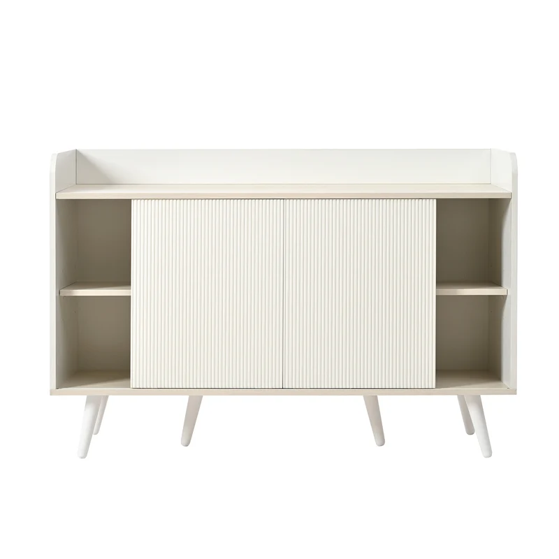 Buffet blanc ondulé avec 3 tiroirs 2 portes coulissantes et pieds en bois massif GLAND