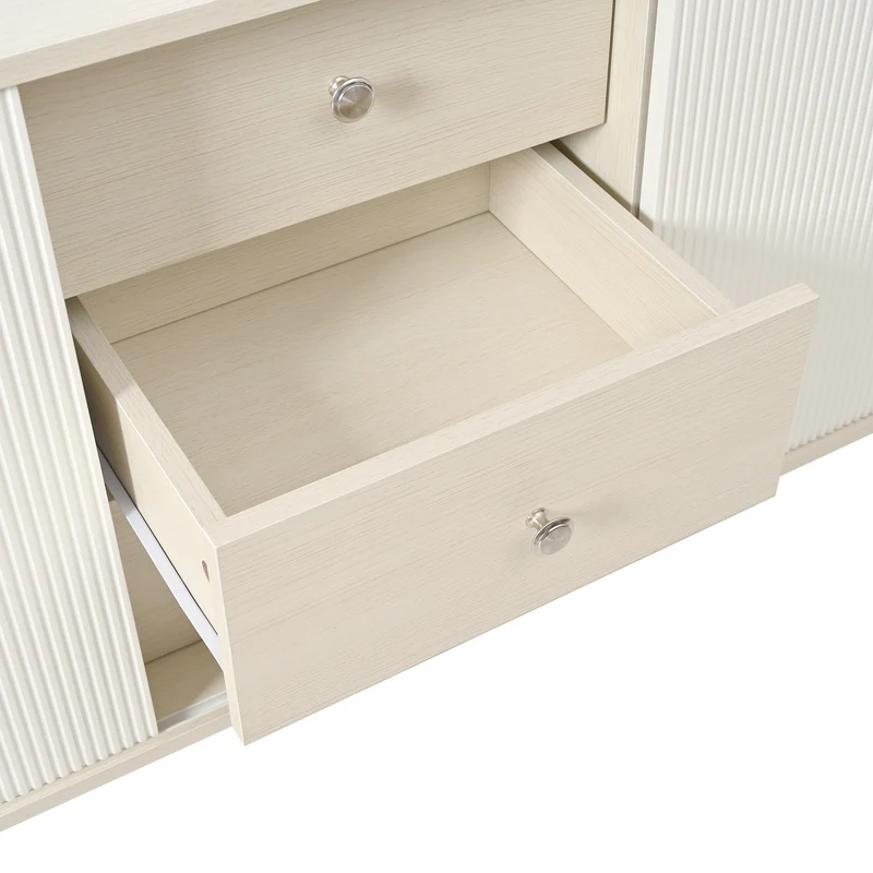 Buffet blanc ondulé avec 3 tiroirs 2 portes coulissantes et pieds en bois massif GLAND