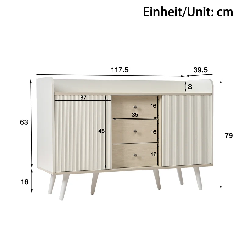 Buffet blanc ondulé avec 3 tiroirs 2 portes coulissantes et pieds en bois massif GLAND
