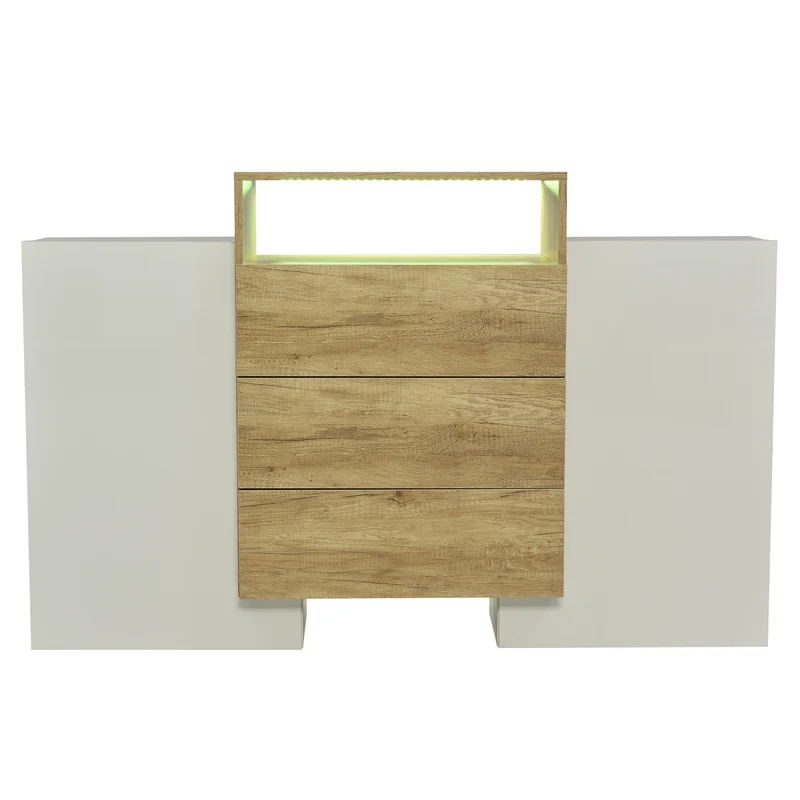 Buffet moderne blanc brillant et effet bois 2 portes, niche, 3 tiroirs avec éclairage LED VRASUK