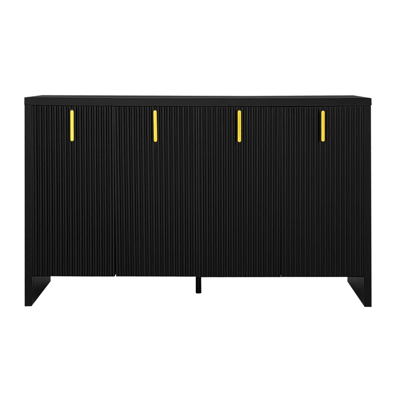 Buffet moderne minimaliste noir avec 4 portes battantes et poignées métalliques dorées QAKVIED
