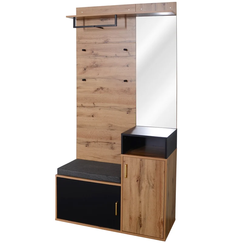 Vestiaire à l'entrée avec miroir, banc et meuble à chaussures, porte-manteau mural NAKS