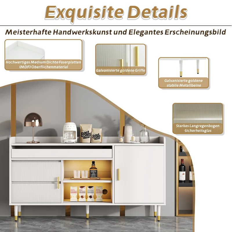 Buffet blanc 3 tiroirs avec portes coulissantes en verre et éclairage LED L140/P38/H76 SCRUVRINS