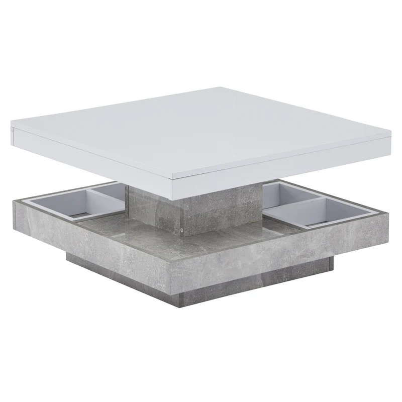 Table basse double plateau brillant pivotant à 360° en blanc et effet marbre grise clair 70*70cm ACHO