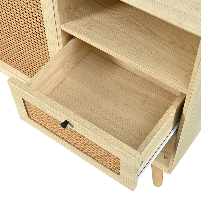 Buffet effet bois chêne et tissage en rotin avec 1 tiroir et 2 portes 120x40x80cm ELMEL