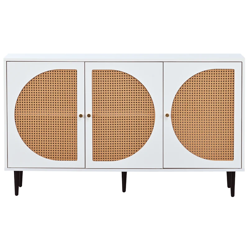 Buffet effet bois blanc avec 3 portes en rotin poignées pieds dorés 129,8x40x76cm OMOIL WHITE