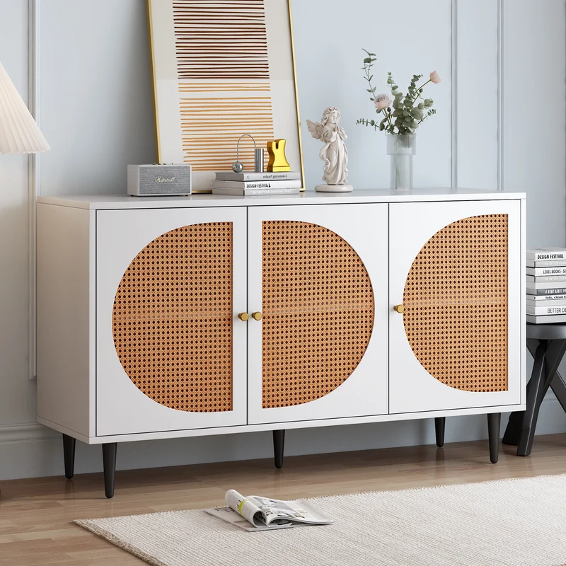 Buffet effet bois blanc avec 3 portes en rotin poignées pieds dorés 129,8x40x76cm OMOIL WHITE