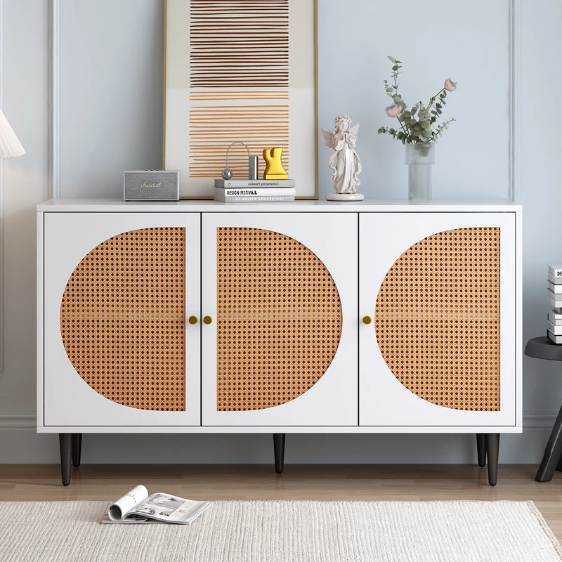 Buffet effet bois blanc avec 3 portes en rotin poignées pieds dorés 129,8x40x76cm OMOIL WHITE