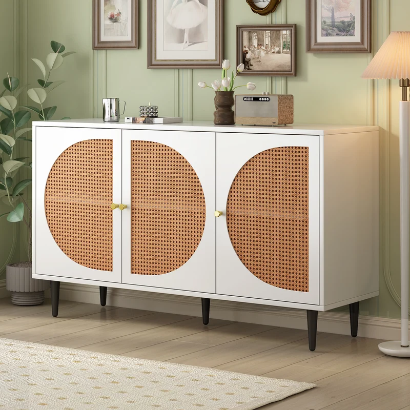 Buffet effet bois blanc avec 3 portes en rotin poignées pieds dorés 129,8x40x76cm OMOIL WHITE