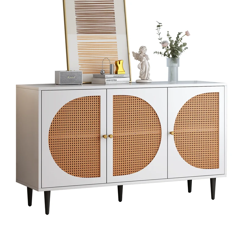 Buffet effet bois blanc avec 3 portes en rotin poignées pieds dorés 129,8x40x76cm OMOIL WHITE