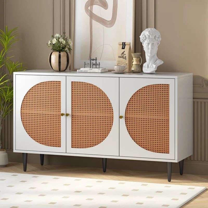 Buffet effet bois blanc avec 3 portes en rotin poignées pieds dorés 129,8x40x76cm OMOIL WHITE