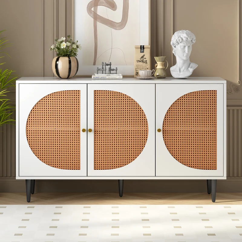 Buffet effet bois blanc avec 3 portes en rotin poignées pieds dorés 129,8x40x76cm OMOIL WHITE