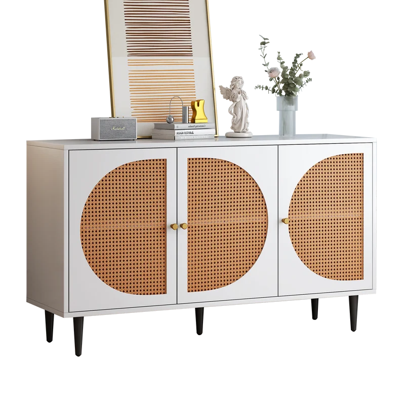 Buffet effet bois blanc avec 3 portes en rotin poignées pieds dorés 129,8x40x76cm OMOIL WHITE