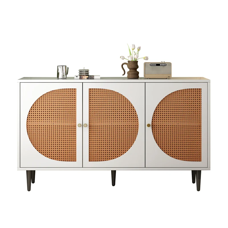 Buffet effet bois blanc avec 3 portes en rotin poignées pieds dorés 129,8x40x76cm OMOIL WHITE