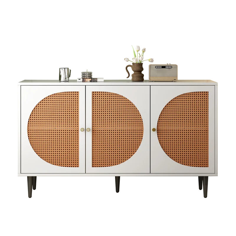 Buffet effet bois blanc avec 3 portes en rotin poignées pieds dorés 129,8x40x76cm OMOIL WHITE