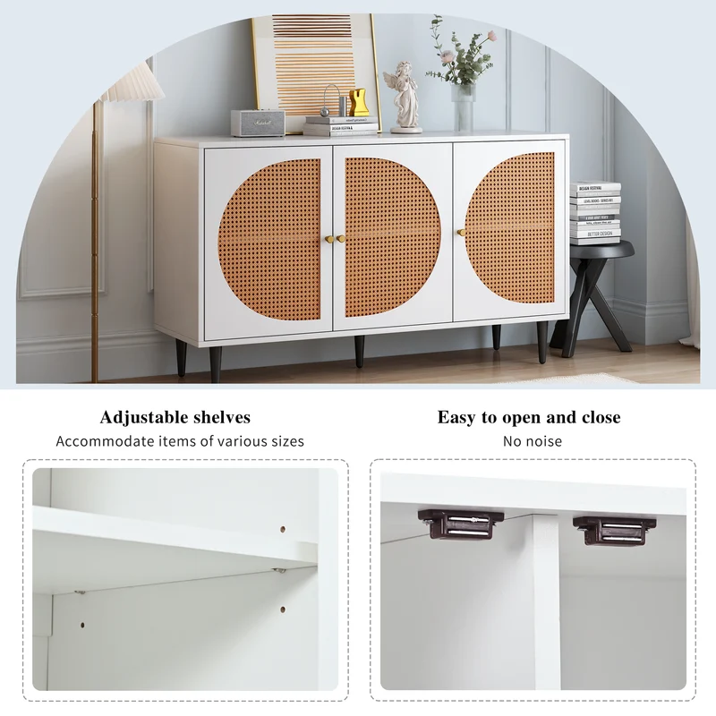 Buffet effet bois blanc avec 3 portes en rotin poignées pieds dorés 129,8x40x76cm OMOIL WHITE