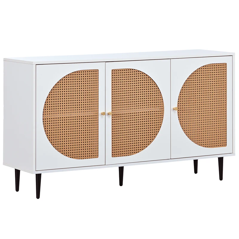 Buffet effet bois blanc avec 3 portes en rotin poignées pieds dorés 129,8x40x76cm OMOIL WHITE