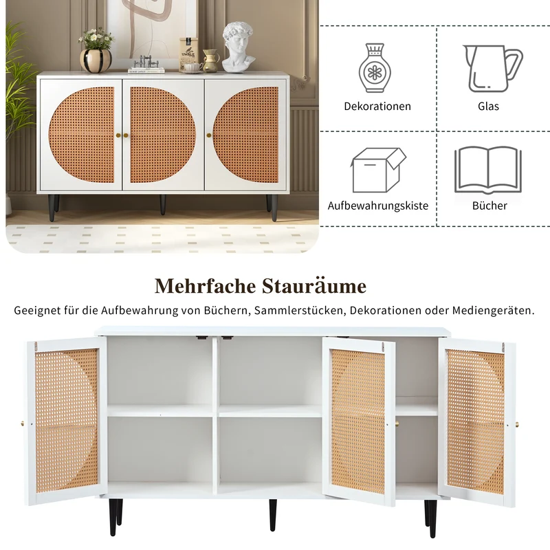 Buffet effet bois blanc avec 3 portes en rotin poignées pieds dorés 129,8x40x76cm OMOIL WHITE