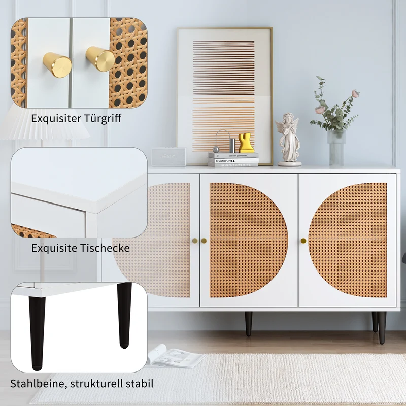 Buffet effet bois blanc avec 3 portes en rotin poignées pieds dorés 129,8x40x76cm OMOIL WHITE