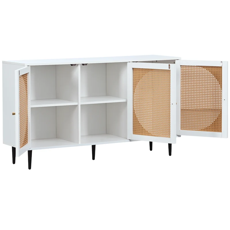 Buffet effet bois blanc avec 3 portes en rotin poignées pieds dorés 129,8x40x76cm OMOIL WHITE