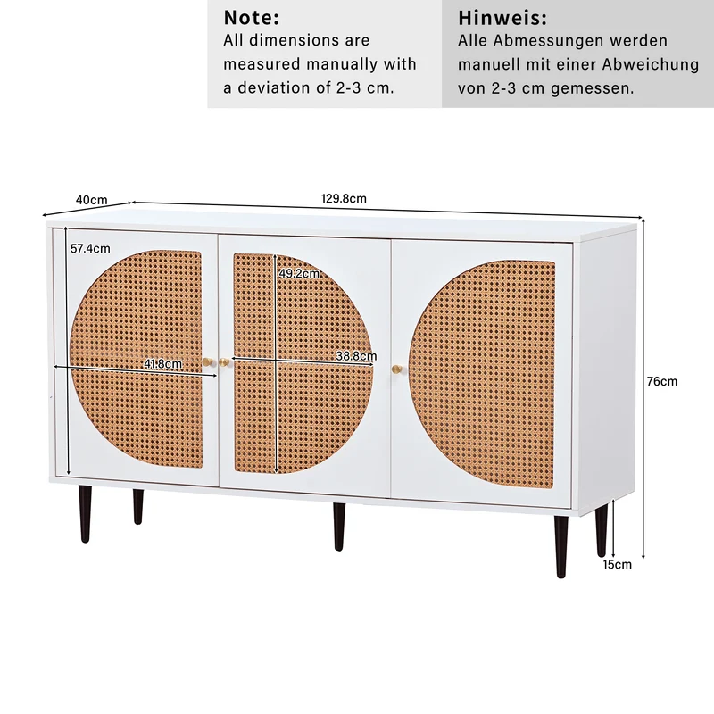 Buffet effet bois blanc avec 3 portes en rotin poignées pieds dorés 129,8x40x76cm OMOIL WHITE